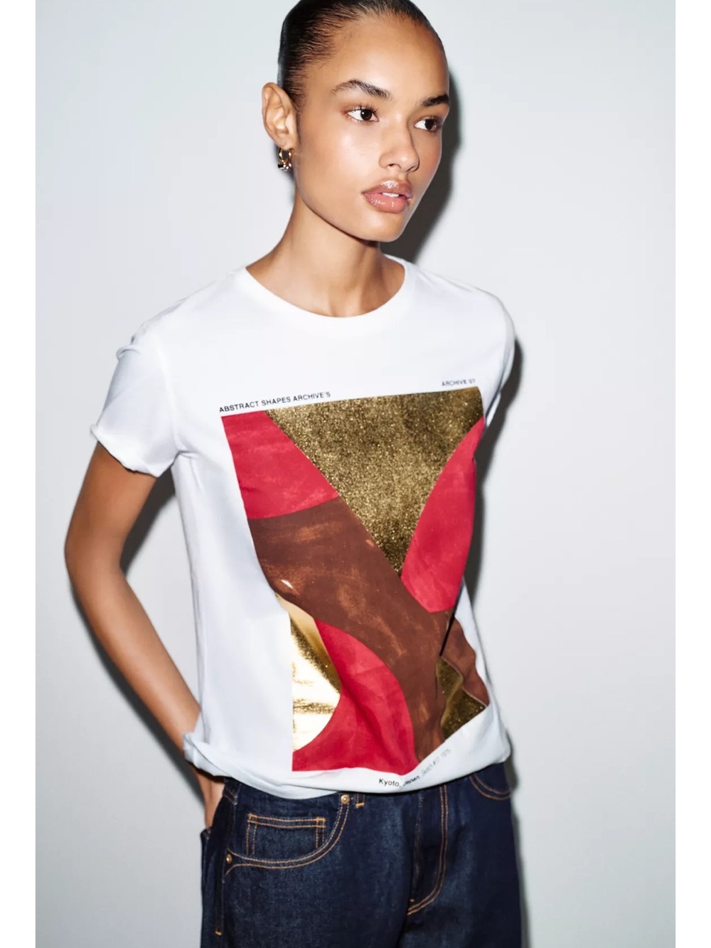 Zara White Tee with Red and Gold Abstract Panel